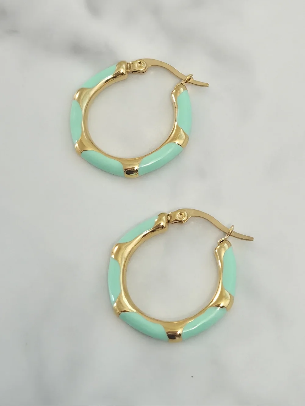 Gold & Vibrant Mint Green Enamel Bamboo Style Hoop Earrings Women Jewelry